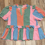 THML  Multi Color Stripe Colorful Vneck Ruffle Peplum Blouse Top Photo 0