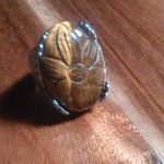 Hand Carved Tiger's Eye Dragon Flower Stainless Steel Cocktail Ring (Size 8) Photo 5