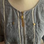 Ellen Tracy Blue White Striped Linen Popover Top Roll Tab Sleeves Gold Zipper M Photo 1