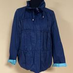 Tahari 🛍️ Navy Blue Mint 3/4 Sleeve Hoodless High Collar Ruffle Frill Jacket L Photo 1