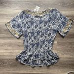 Sundance Blue and Cream Flutter Sleeve Sheer Blouse with Gold necklace Size L Photo 1