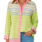 Davi & Dani  Striped Button Down Shirt WM Size Medium Neon Green Pink‎ White Gray Photo 0