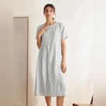 Lintico Morgan 100% Linen Striped Short Sleeve Midi Dress Boho Lagenlook Size S Blue Photo 3