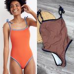 Solid & Striped Solid &‎ striped poppy tie strap one piece swimsuit in brown, black, and blue Photo 1