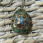 GOLD FLLD CHINESE CLOISONNÉ ENAMEL EGG FLWR PENDANT 925 CHAIN NECKLACE Italy VTG Photo 5