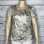 Dress Barn Woman NWT Size 1X Gray & Tan Printed - Shimmer Side Tie Blouse Top Photo 0