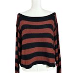 Free People Boxy Boat Neck Into The Blue Pullover Sweater Brown Stripes Large Photo 5