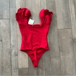 Show Me Your Mumu NWT Baker Bodysuit in Red Stretch Puff Sleeves Photo 11
