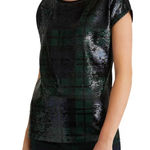 Ralph Lauren Lauren Sequin Plaid Cap Sleeve Top Womens XXS TTP Black Green Blue Photo 0