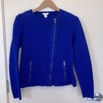 Chico's  Sweater Jacket Women’s 1 Blue Asymmetric Zip Pockets Cotton Knit Video! Photo 0
