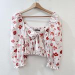 ZARA  Floral Print Linen Blend Square Neck Puff Sleeve Cropped Blouse Size S Photo 3