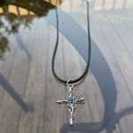 Handmade Y2K Punk Silver Black Cross Flower Leaves pendant PU leather necklace Photo 6