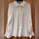 ZARA  Oyster White Pearl Lapel Tie Collar Ruffled Cuffs Button Down‎ Blouse XS Photo 2