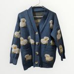 SheIn Women Blue Yellow Sheep Print Cardigan Sweater Size S Oversized Boxy Fit Photo 2