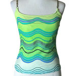 Gottex ‎ Tankini Top Womens 10 Green Abstract Print Swimwear Retro Chain Straps Photo 0