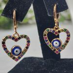 Gold Filled Multi Color Zirconia Heart Evil Eye Huggie Earrings Photo 1