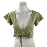 Princess Polly  Green Short Sleeve Deep V Neck Tie Ruffle Blouse Crop Top Size 2 Photo 0
