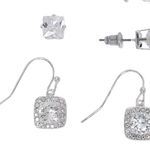 Macy's NEW Cubic Zirconia Square DANGLE DROP & STUD EARRINGS Silver Plate CZ 4 Pair Photo 1