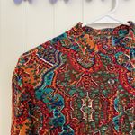 Women’s multicolor patterned high neck button long sleeve lightweight top medium Brown Photo 1
