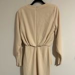 Alexis Fraser Cream Long Sleeve midi ruched elegant Dress v neck draped Photo 6