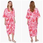 JustFab Hot Coral Pink Floral Ruched Kaftan Dress Cover Up Size XL Loose Fit Photo 2