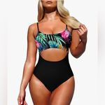 Pink Queen Women's One Piece Swimsuit Spaghetti Strap Floral Black Monokini L Size L Photo 4