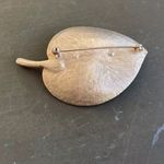 Vintage 1960s Two Tone Concave Textured Leaf Brooch Stem Curved Striped Oval Silver Photo 3