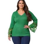 Cato  Kelly Green Ribbed Knit V-Neck Trumpet Lace Cuffs Elegant Classy Sweater XL Photo 0