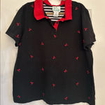 Quacker Factory  Womens Polo 1X Plus Lobster Black Red Button Up Top Short Sleeve Photo 0