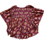 Free People Womens Top Size S Red Floral Linen Cotton Smocked Flutter Sleeves Photo 3