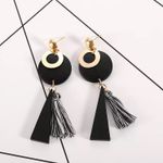 Wooden Tassels Stud Drop Dangle Earrings Black Photo 4