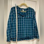 L.L. Bean Size S Cotton Collarless Teal Ivory Plaid Long Sleeve Popover Shirt Blue Photo 8
