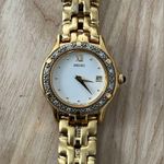 Seiko  Diamond Ladies Watch Vintage Gold-Tone Bracelet White Dial Date Window Photo 2