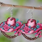 Rustic Western Cowboy Hat With Flowers & Leaves Horseshoe Pendant Earrings Photo 0