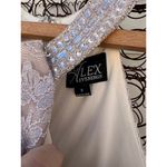 Alex Evenings  Long Halter Lace Sheath Dress with Skirt Slit in Taupe Size 8 Photo 5