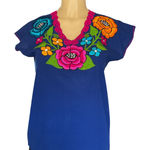 Mexican Blouse Blue Artisanal Floral Embroidered Women's Size M Photo 0