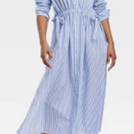 A New Day blue striped gathered waist midi shirt dress large Photo 0