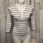 White & Brown Striped Henley Ribbed Knit Top – Small White Photo 0
