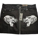Ed Hardy ‎ Tigers Zipper Front Mini Denim Skirt Black Colorful Graphic Design L Photo 0