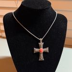 Elegant Sterling Silver Cross Pendant Necklace with Coral and Marcasite Photo 0