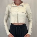 BDG Women Oversized Crop Collar Patchwork Henley Blouse M Med Medium Ivory Brown Photo 0