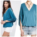 Free People Salt n Peppa Ruched Sleeve Blouse L Jade New With Defect Photo 2