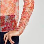 ZARA Sheer Floral Blouse Ruffle Sleeves Ruched S Orange Photo 2