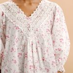 ByTimo Floral Pink Rose Eyelet Cotton V Neck Peasant Blouse Women’s Sz L White Size L Photo 1