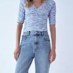 ZARA New  Floral Print Tulle Top Ruched V Neck Elbow Sleeve Shirt Blue Photo 1