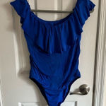 Trina Turk Women’s Monaco Off The Shoulder Ruffle One Piece Swim Blue Size 12 Photo 0