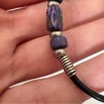 Vintage 90s Purple Millefiori Bead Bracelet Black Leather Silver Tone Photo 1