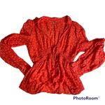 Free People Colette Printed Buttondown Top Small Red Babydoll Longsleeve Floral Photo 3