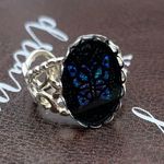 Vintage Glass Blue Butterfly Cabochon Stainless Steel Filigree Adjustable Ring Photo 8