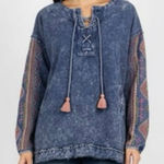 APNY Acid Wash Blue Embroidered Sleeve Lace Neck Boho Sweatshirt Size S Photo 0